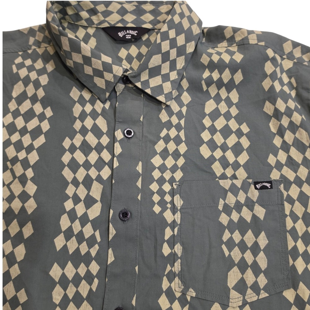 Billabong Mens Button Down Shirt Gray Cream Diamond Harlequin Large - Picture 4 of 6